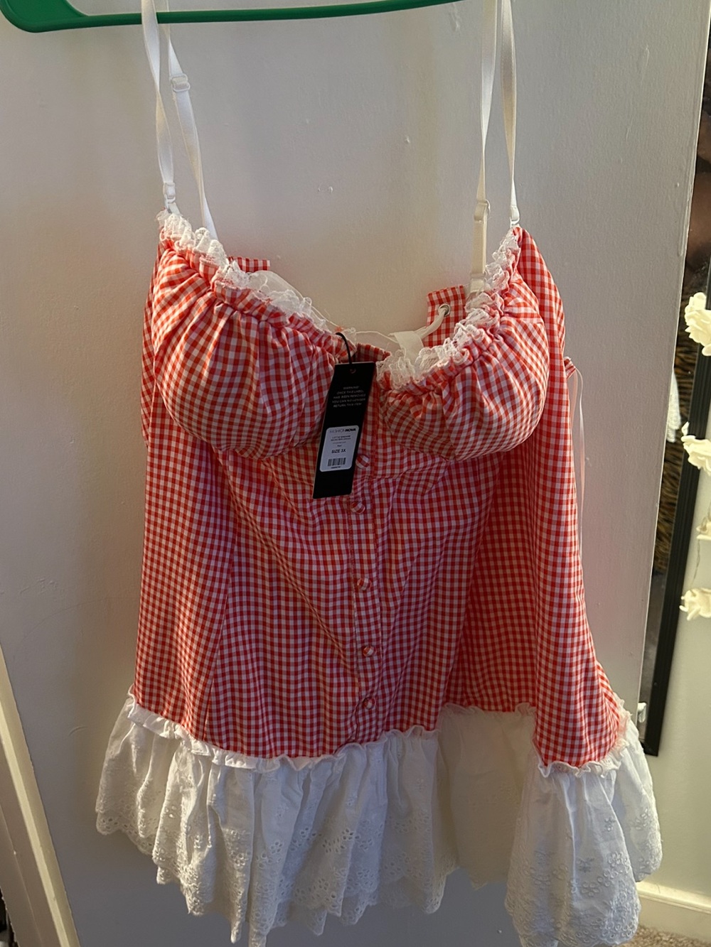 Fashion Nova Red Gingham Mini Dress with White Lace Trim